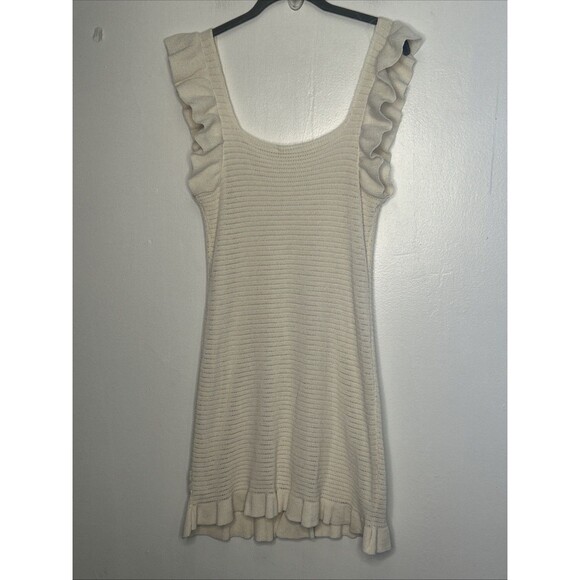 Anthropologie Ruffled Pointelle Knit Mini Dress Medium Square Neck Ivory Cream - Picture 3 of 5